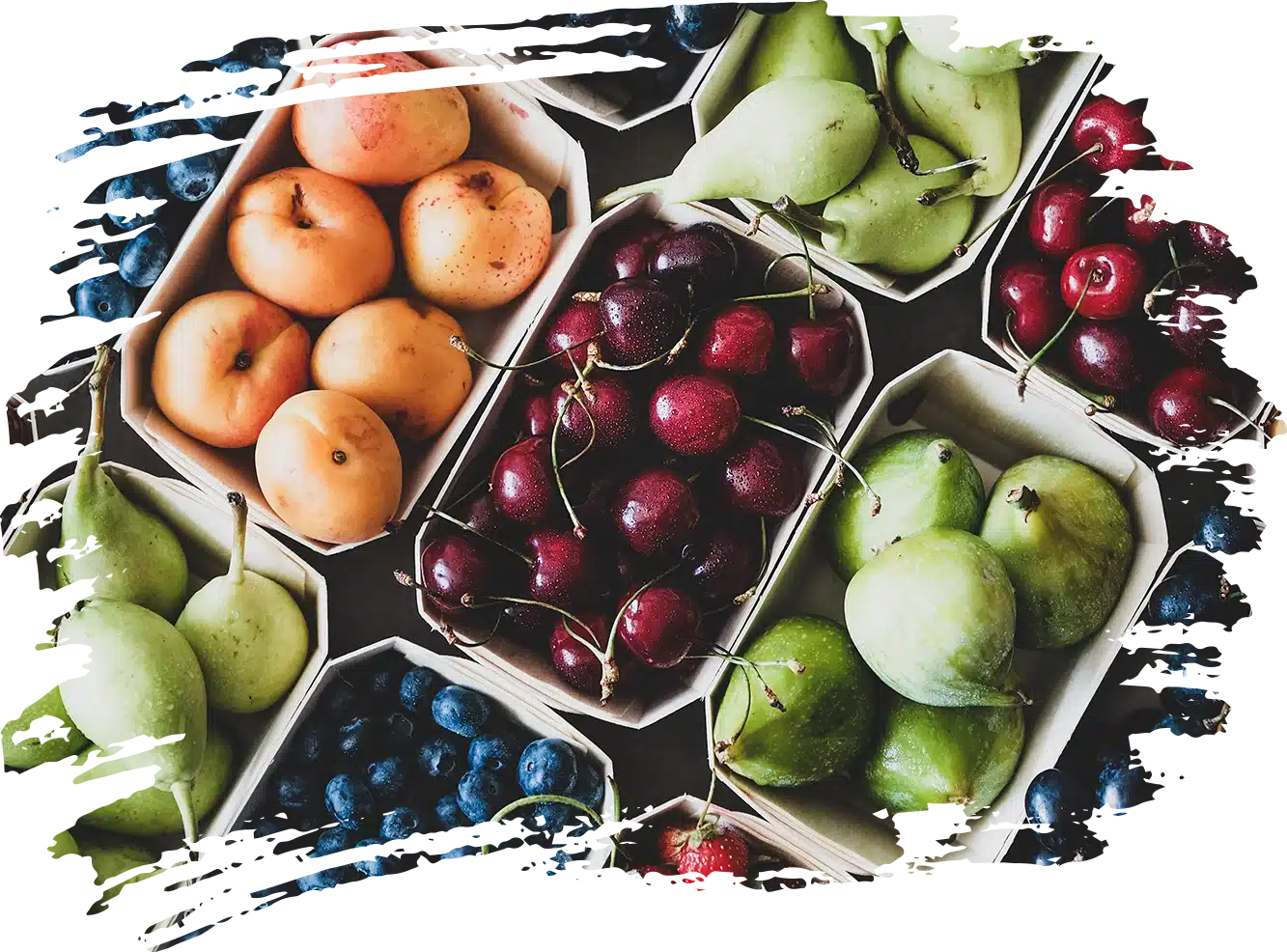 Vue plongeante de cagettes en bois remplies d'abricots, cerises, poires vertes, figues, myrtilles et fraises juteuses.